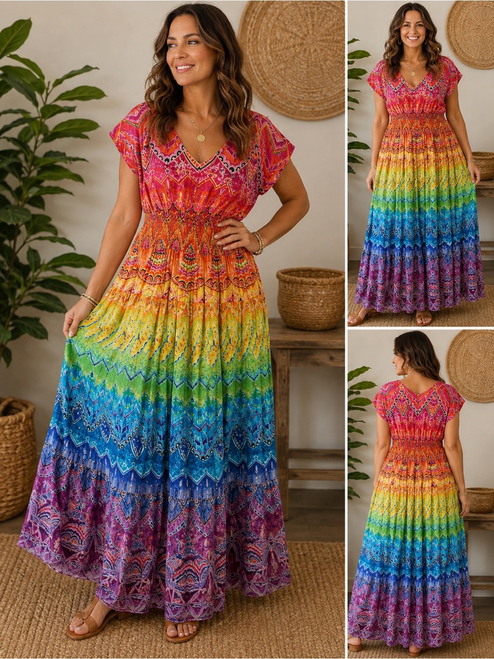 Vintage PHOOL Rainbow Cotton Tiered Maxi Dress Boho Festival Hippie
